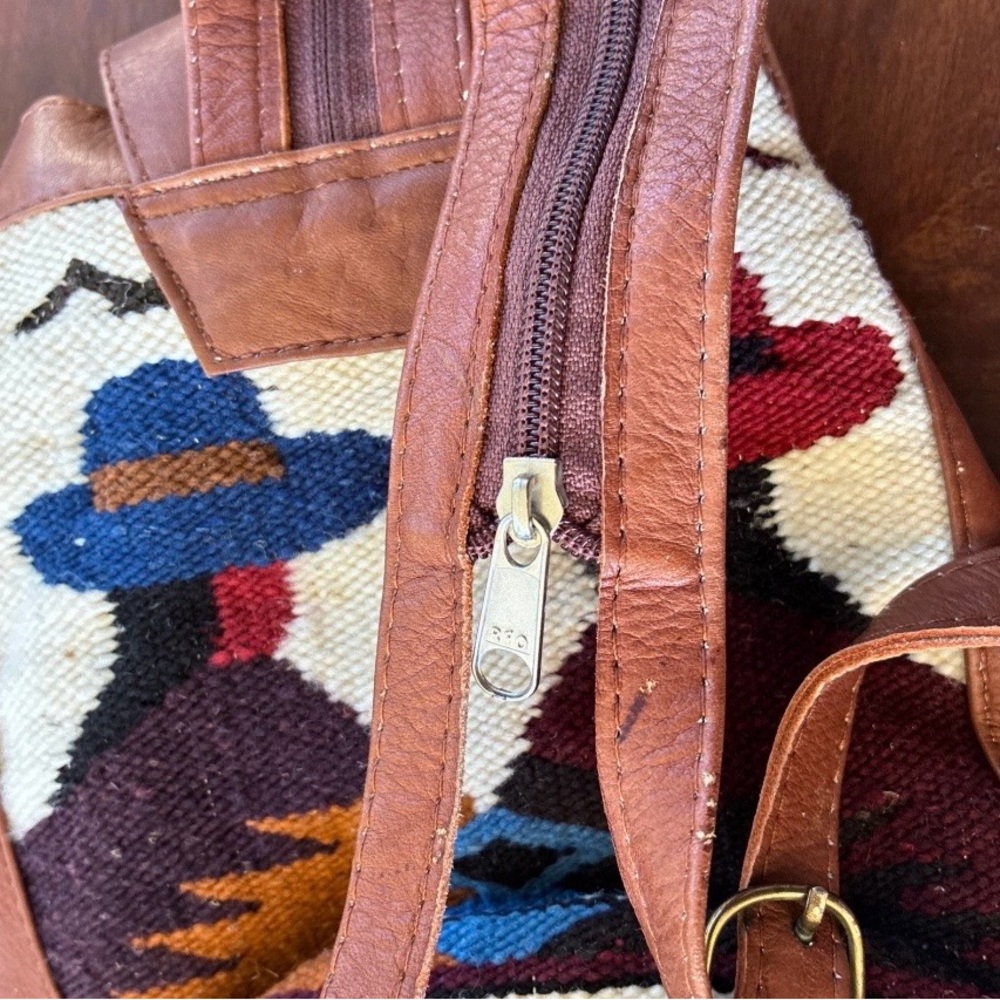 Leather &Woven Woolen Textile Small Backpack Crossbody Bag — Brown, Boho Vintago - Picture 14 of 14
